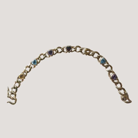 Gold Tone Chain Bracelet Heart-Shaped Multi-Colored Gemstones Toggle Clasp - Picture 4 of 9